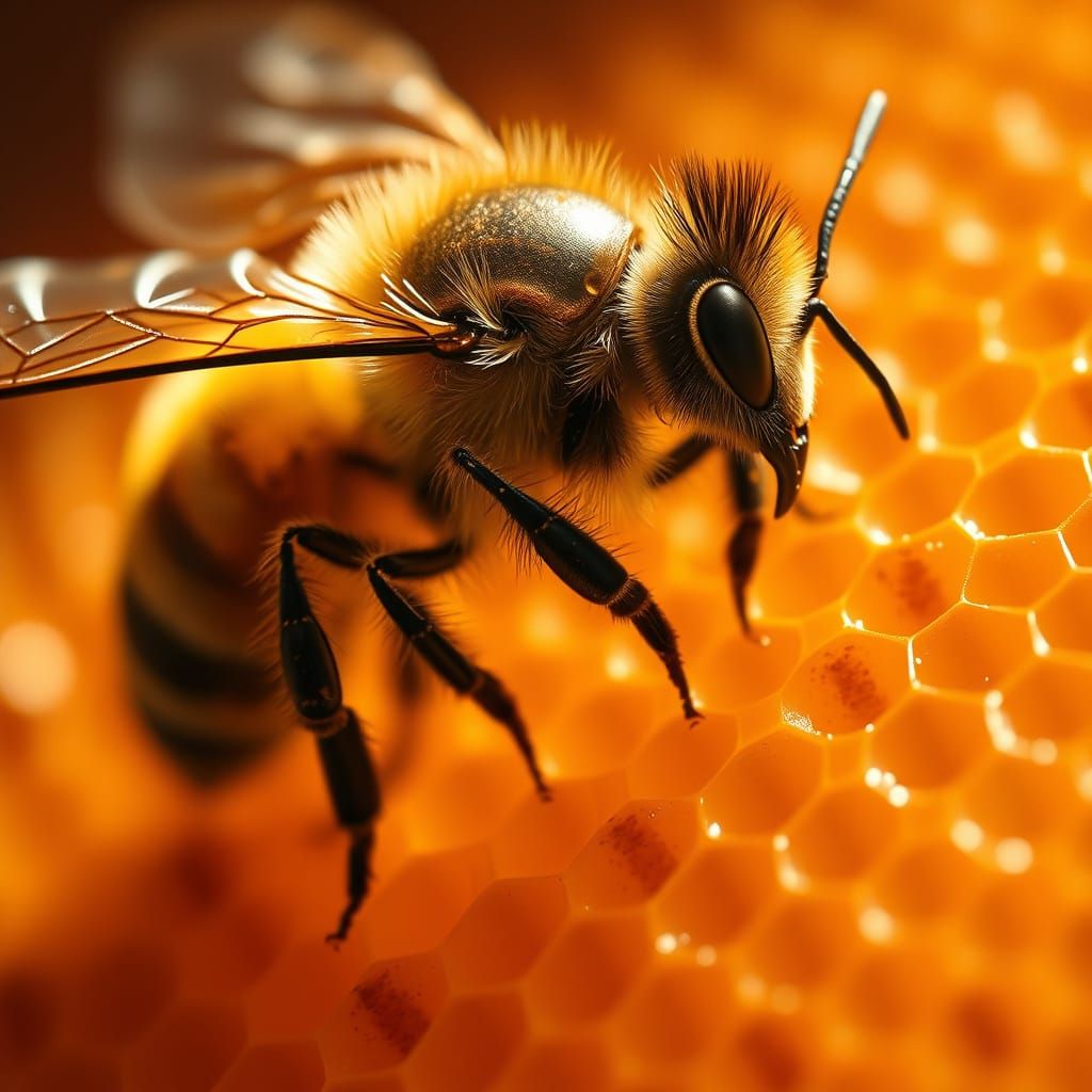 Regal Queen Bee Fills Honeycomb with Honey in Golden Armor