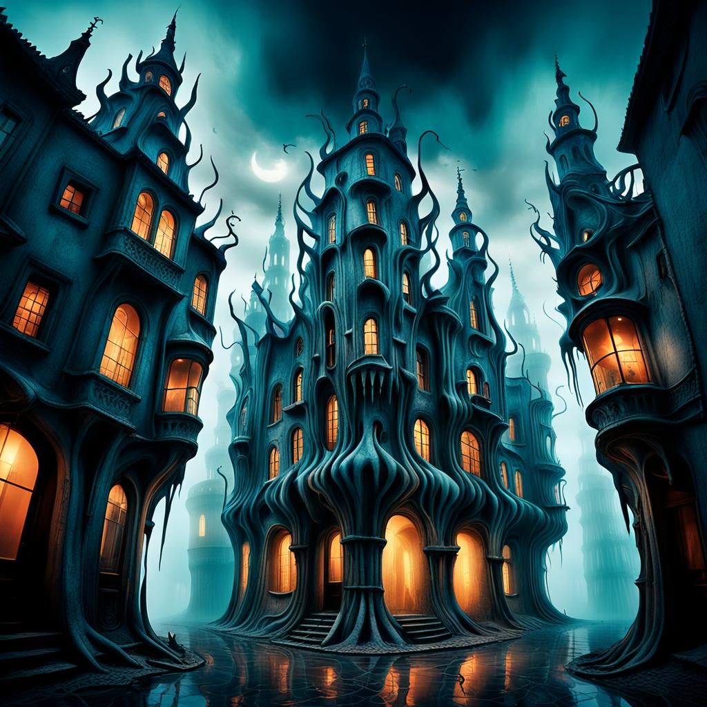 Surreal Distorted Architecture in Dreamlike Cityscape