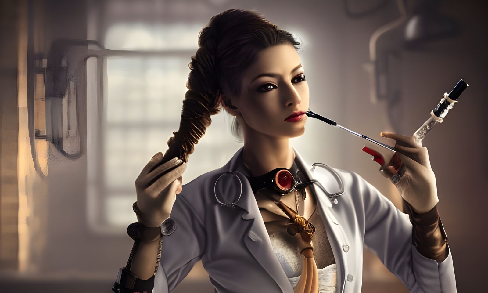 Beautiful Steampunk Surgeon at Work in Hyperrealistic Detail