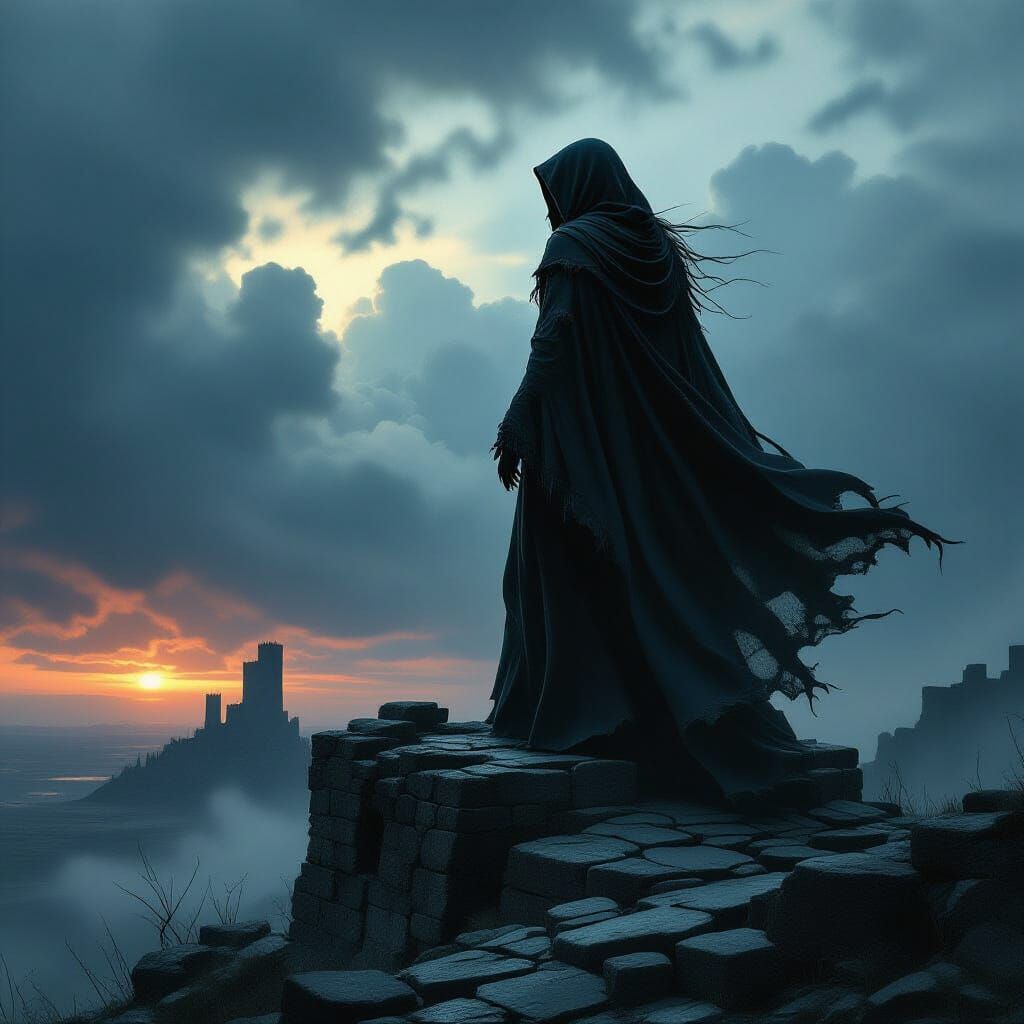 Sorceress on Ruined Fortress Under Stormy Twilight Sky