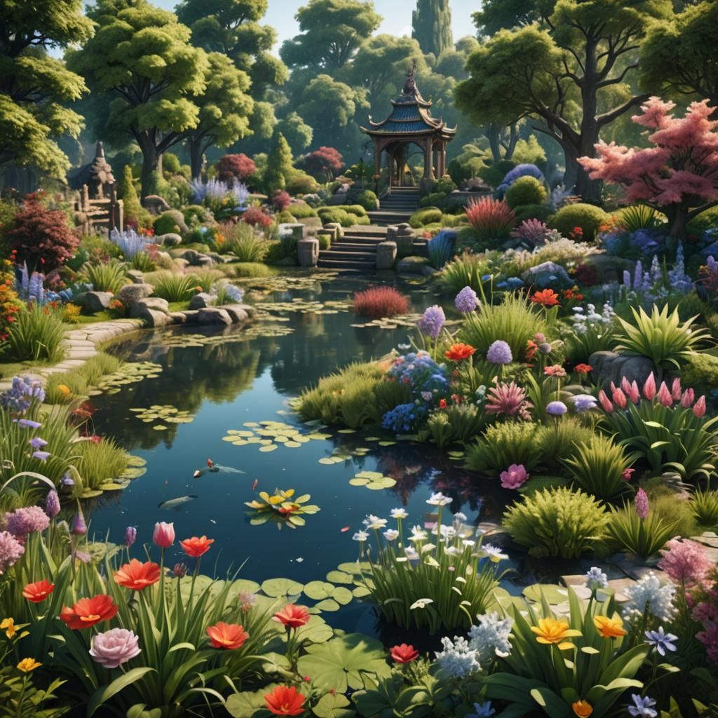 Lush Garden with Pond: Fantasy Concept Art