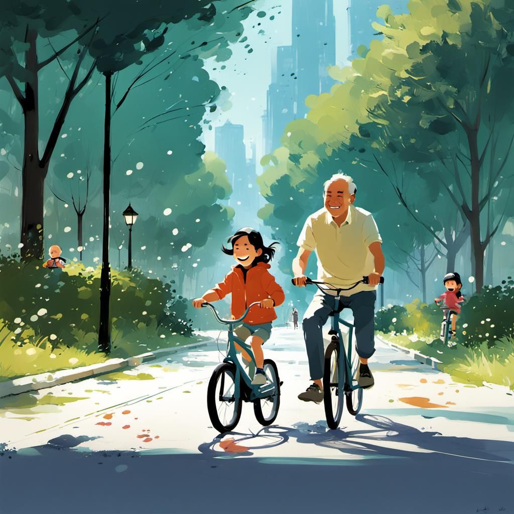 Riding the bike in the park with grandfather