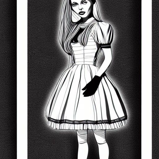hyperreal alice just outline blending into mist cartoon bold black and white full body complete image