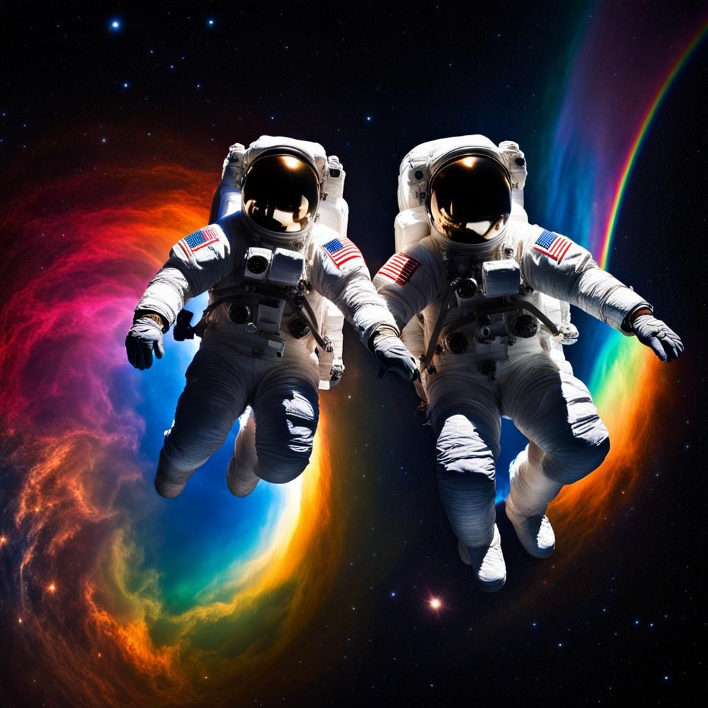 Astronauts Floating in Sparkling Rainbow Space