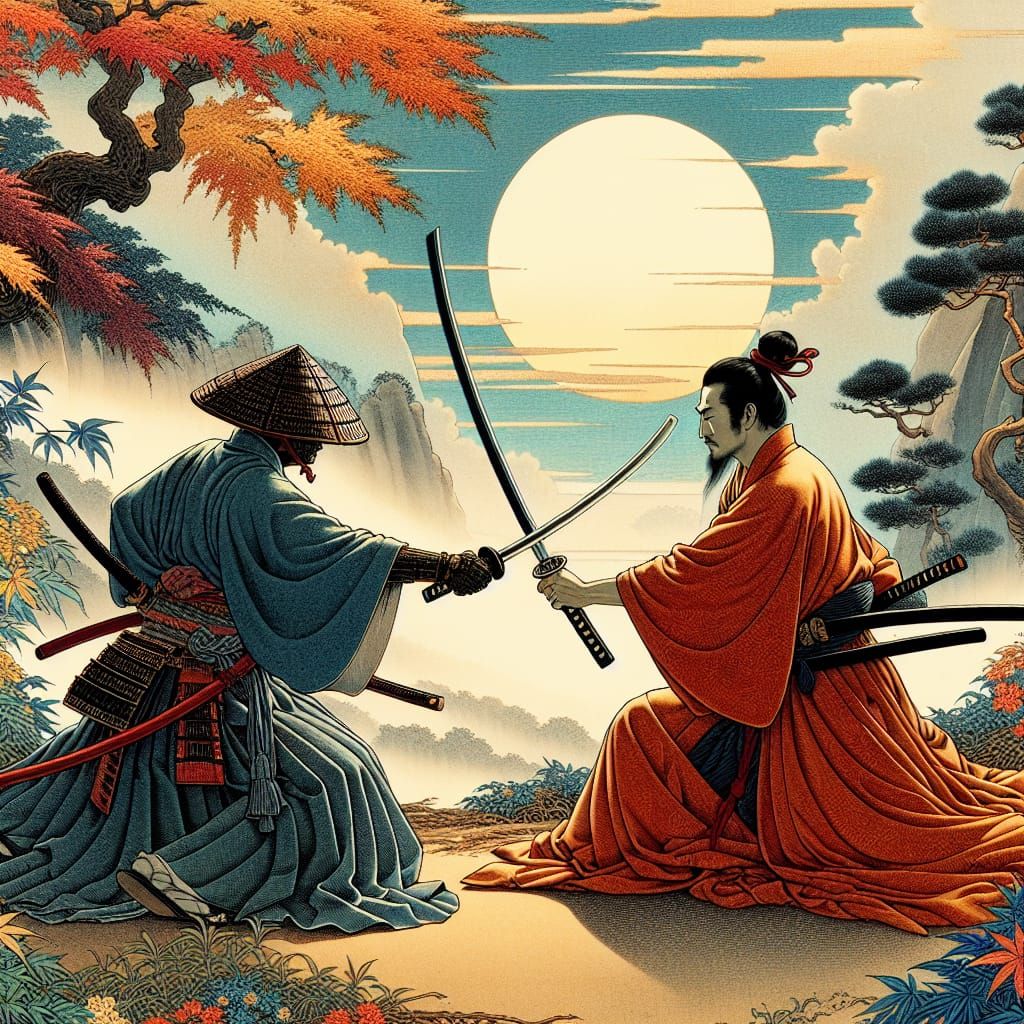 Warrior Monk and Samurai Standoff in Ukiyo-e Style