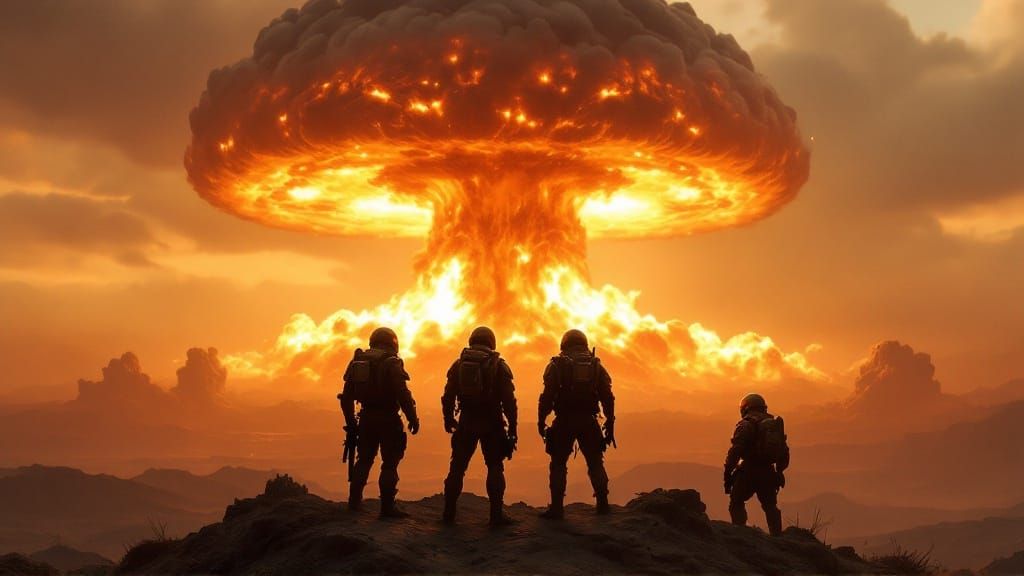 Epic Mushroom Cloudscape with Helldivers in Cinematic Film S...