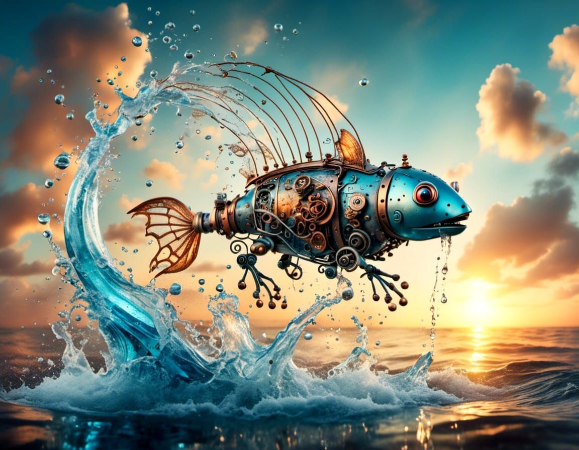 Robot Water Dragon Chasing Flying Fish at Sunset
