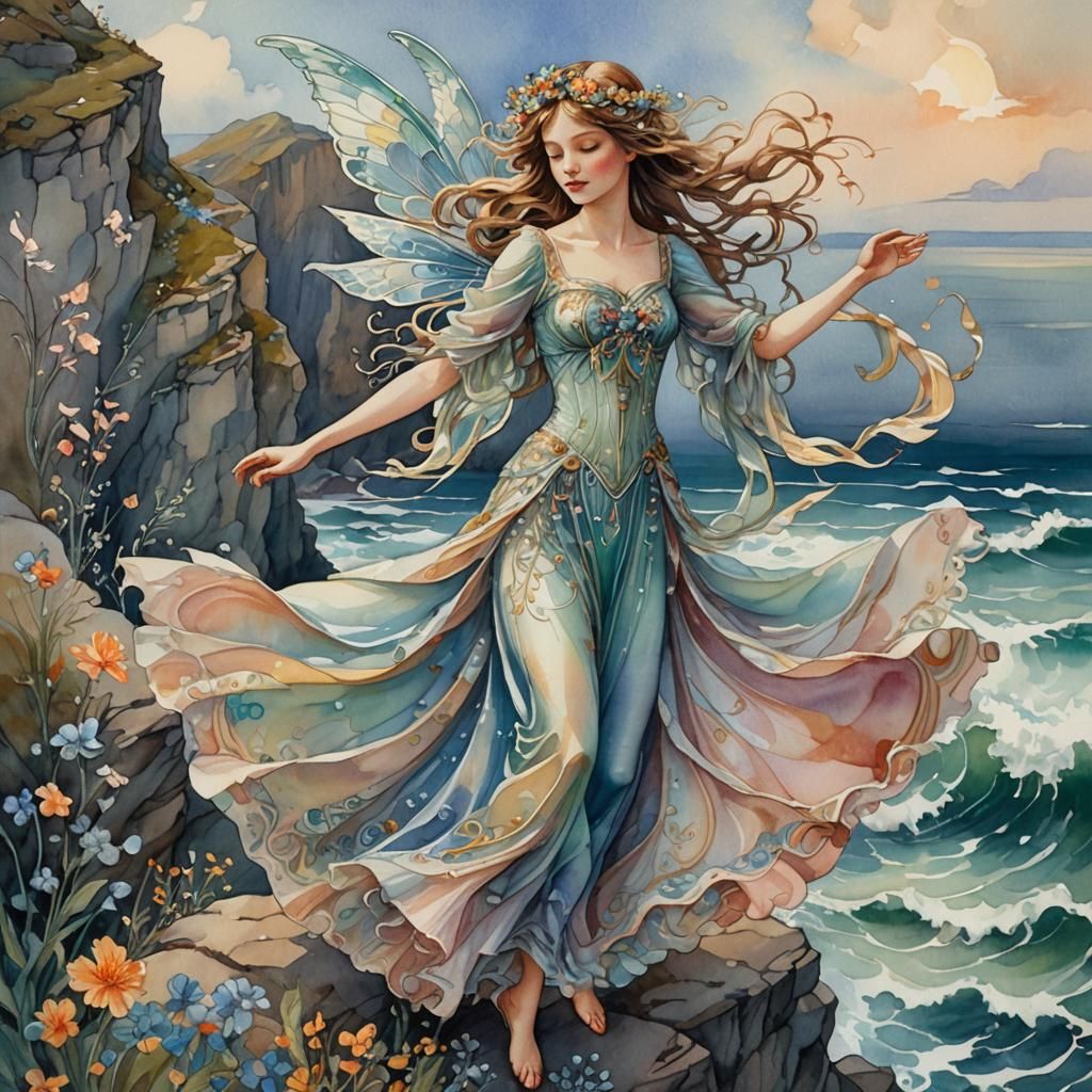 Art Nouveau Fairy Dancing on Cliff as Gouache Watercolor