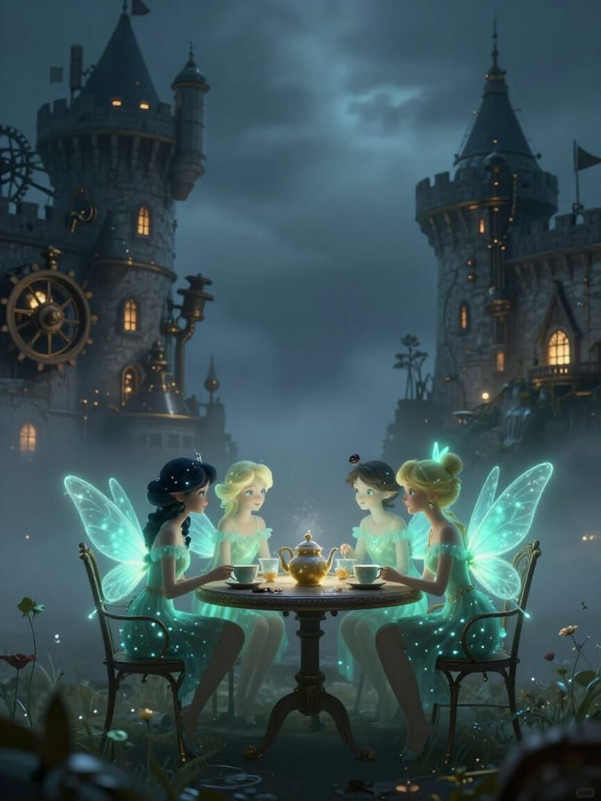 Fairies Gossiping Over Tea in Whimsical Castle Setting