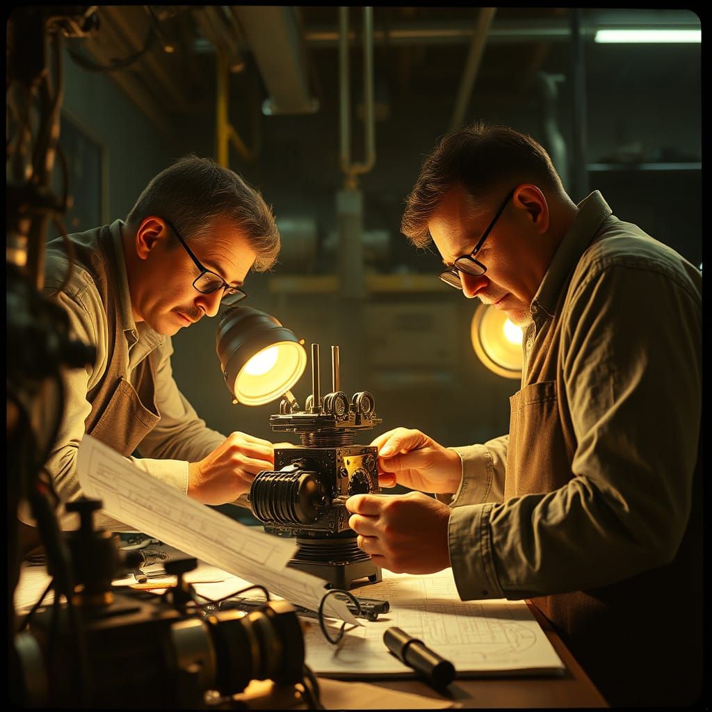 Inventors in Cinematic Industrial Workshop