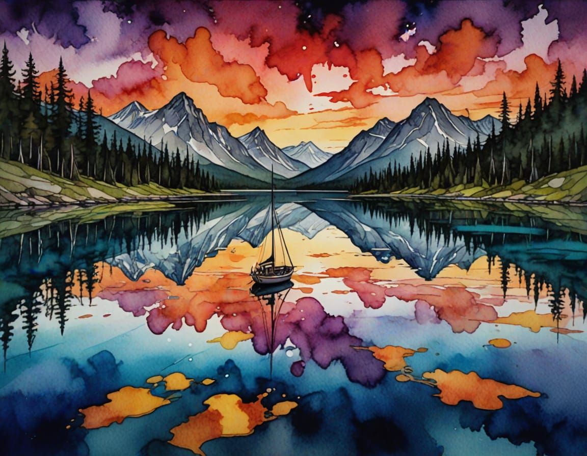 Sailboat on Majestic Alpine Lake at Sunset