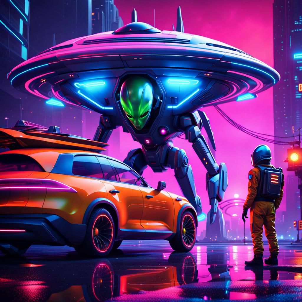 Alien in Futuristic Dispute with Tow Truck Driver on Galacti...