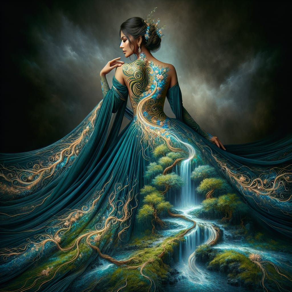 Ethereal South Asian Woman with Waterfall Landscape