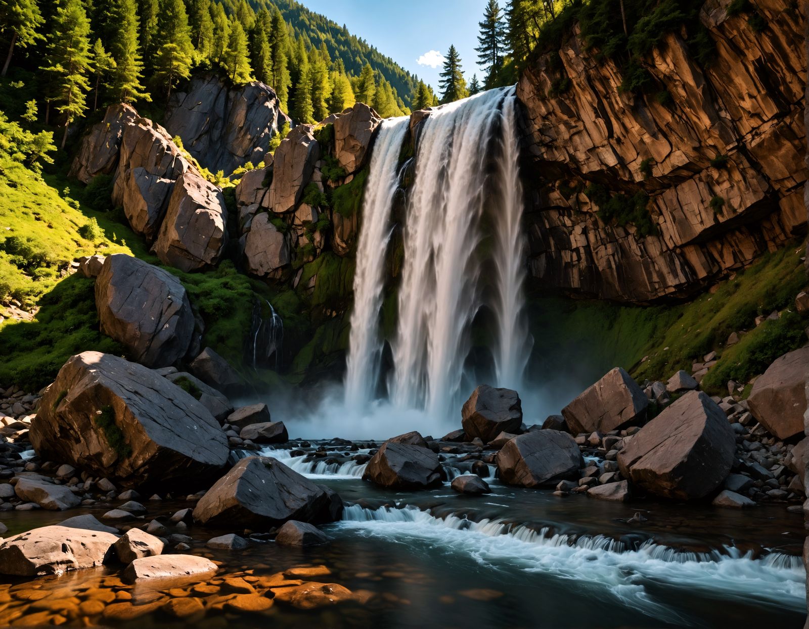 Hyperrealistic Waterfall in the Mountains, HDR