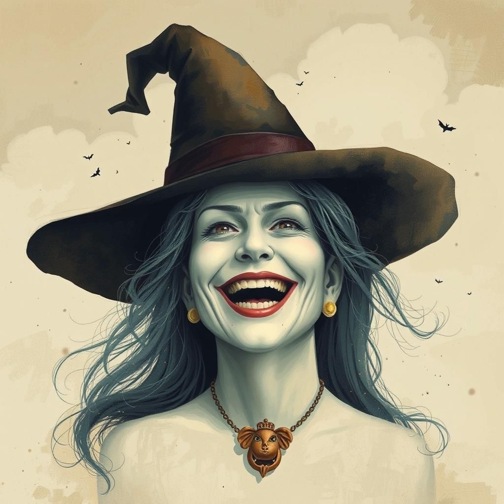 Laughing Halloween Witch in Surreal Folk Art Style