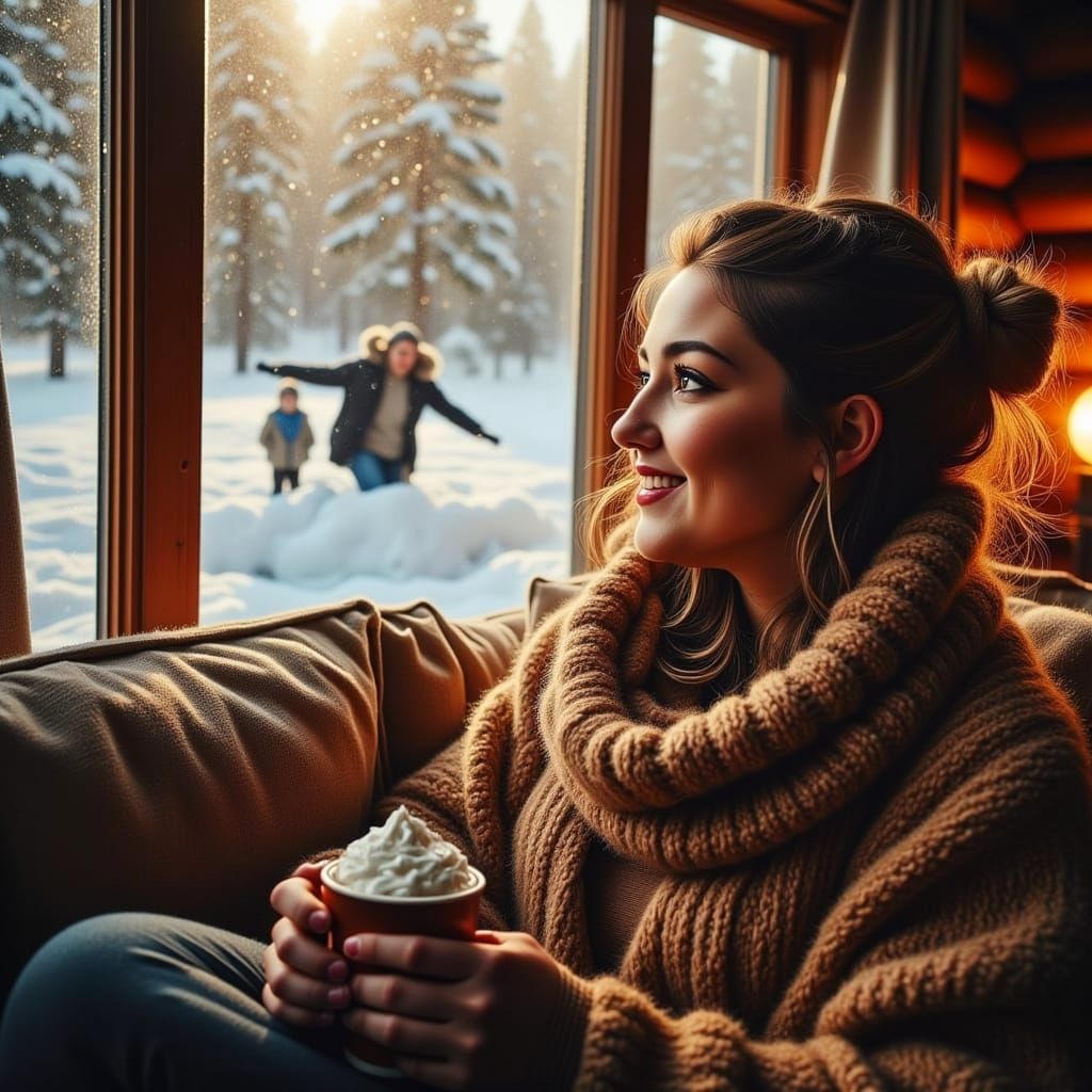 Hyperrealistic Cabin Scene: Winter Snowball Fight