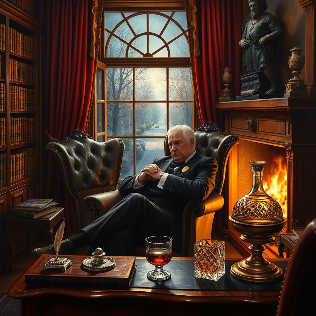 a wintry fireplace in an antique gentleman’s study with dark...