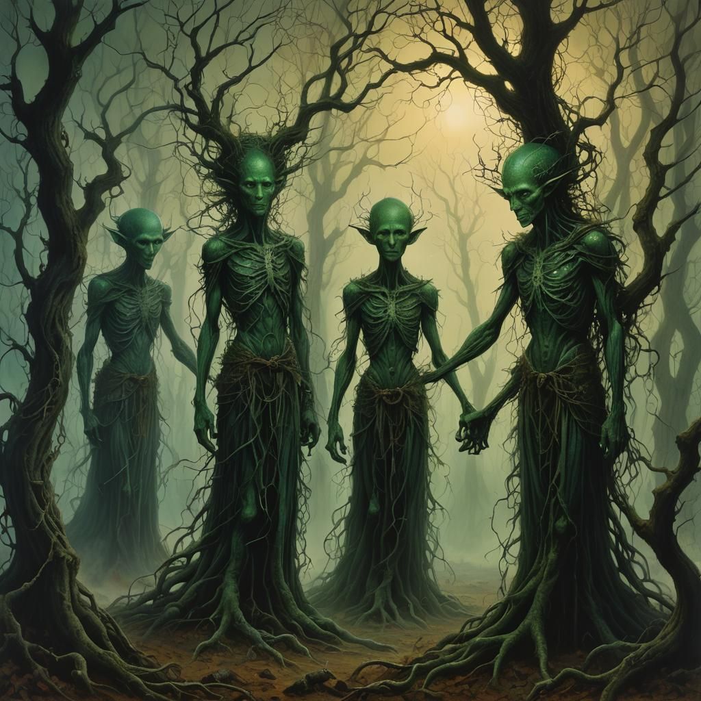 Ethereal Elves in Haunted Forest, Mystical Art
