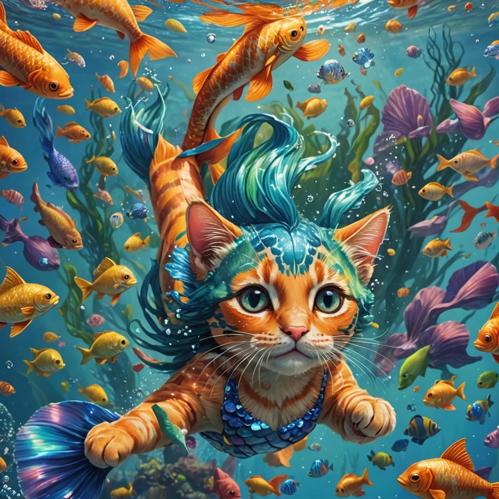 Orange Tabby Kitten and Mermaid in Colorful Digital Art