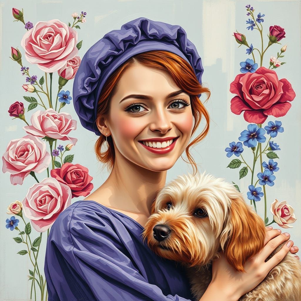 Charming Redhead Woman in Lavender Robe with Collage Patchwo...