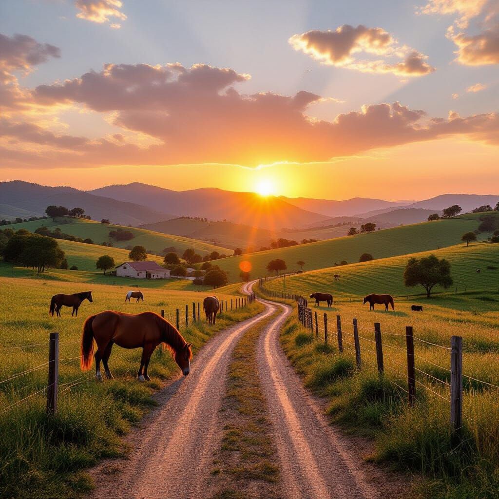Farm at Sunset with Grazing Horses, Expressive Painting
