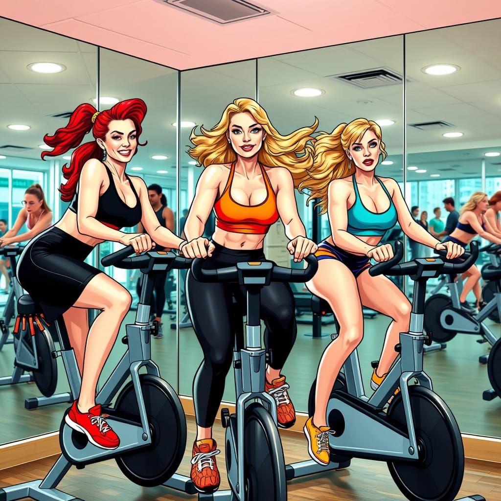 Three Women Cycling in a Vibrant Fitness Studio