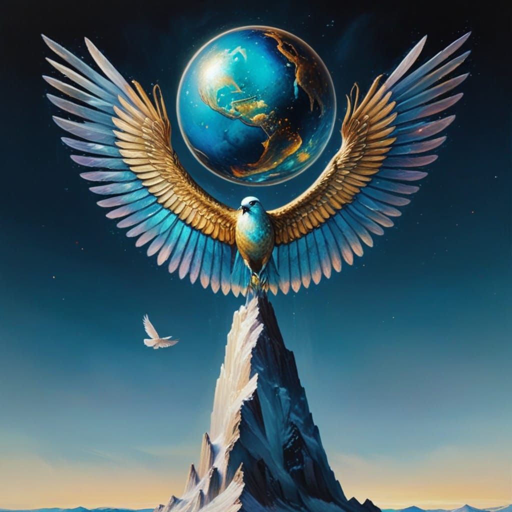 Cosmic Bird Holds World in Surrealist Oil Painting
