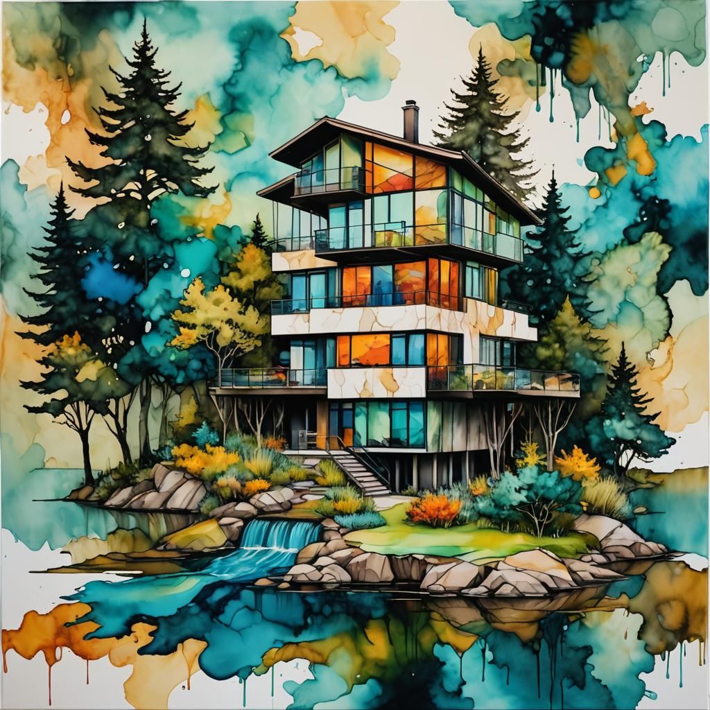 Modern House Design in Alcohol Ink Style