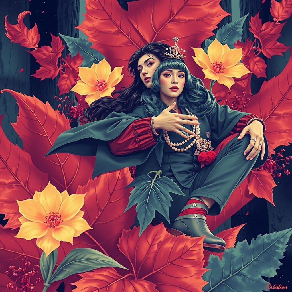 Mystical Forest Scene with Diverse Figures