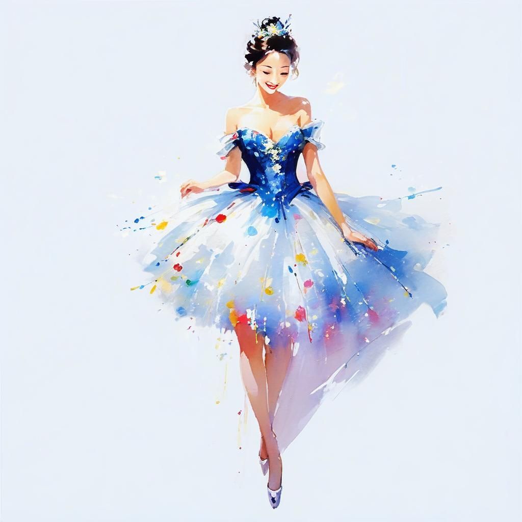 Elegant Lady in Vibrant Watercolor Ball Gown with Radiant Ex...