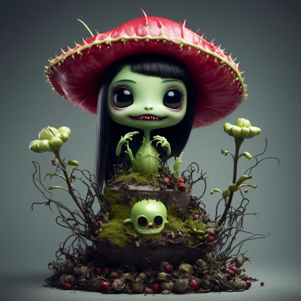 Morticia Addams Tending a Cute Venus Flytrap