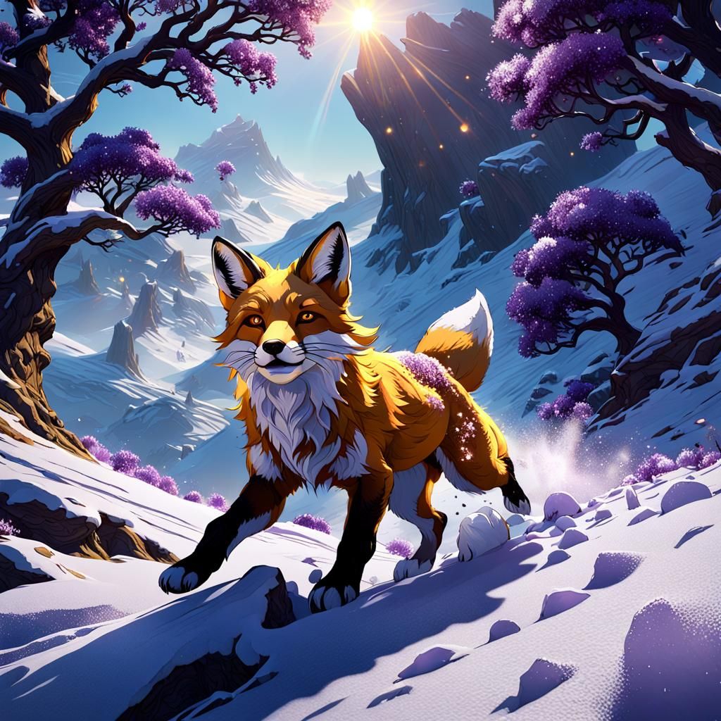 Fox Ascends Mountain in Dark Fantasy Style