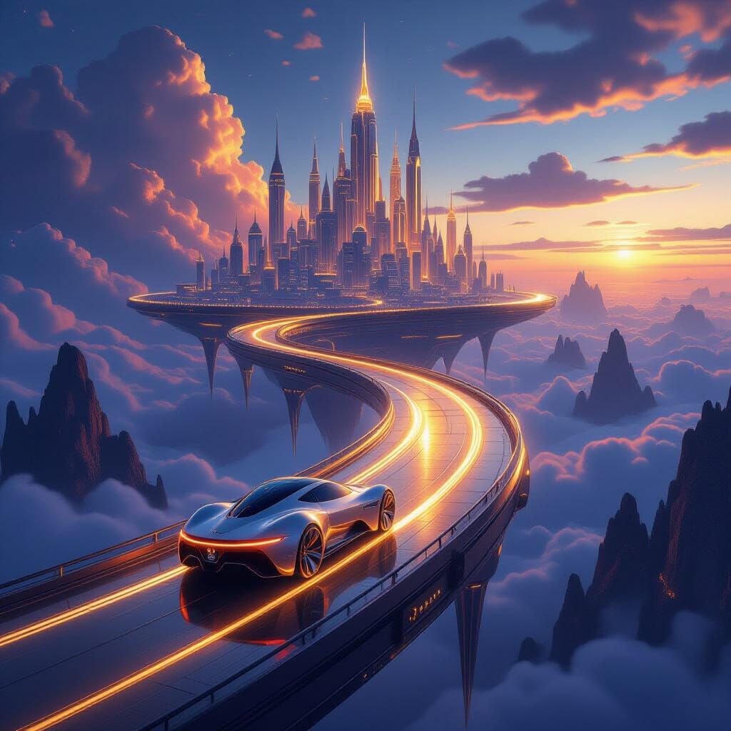 Fantastical Sky City with Molten Gold Car on Ethereal Road