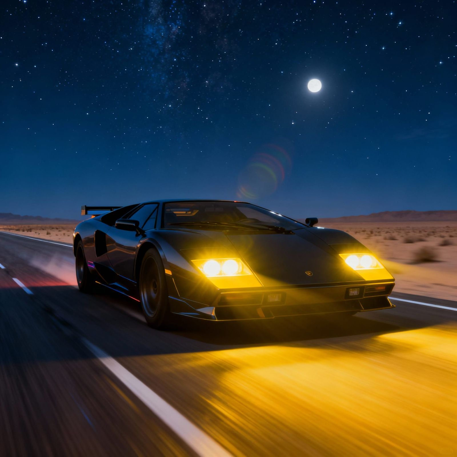 Futuristic Sports Car Speeds Down Desert Highway At Night