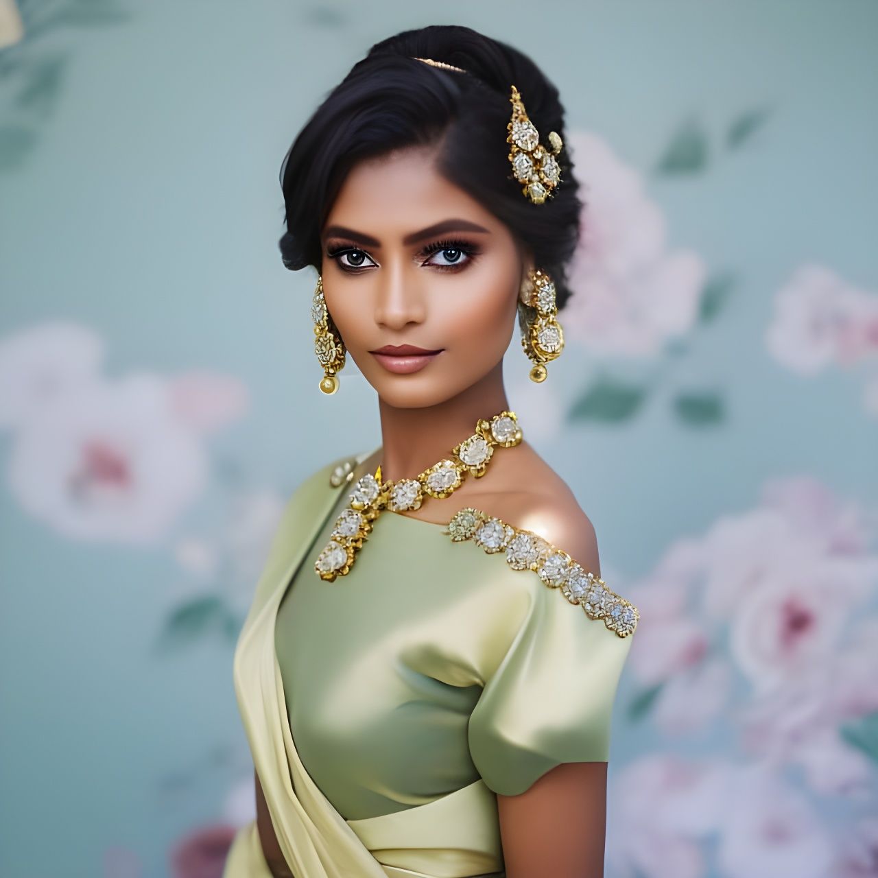 stunningly beautiful Irish lady, Up do brown hair style with bangs. brush stroked hair, small white clover flower in the...