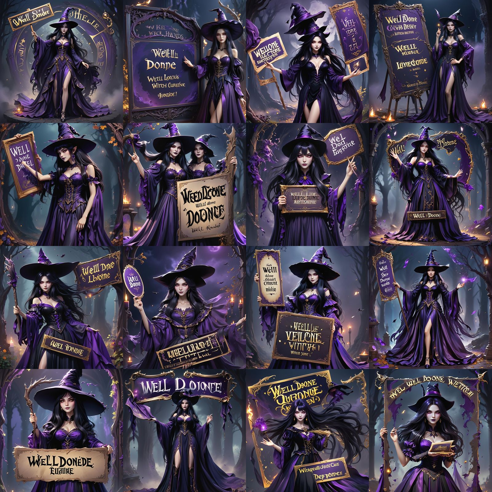 Elegant Witch Holding Sign, Anime Style Digital Art