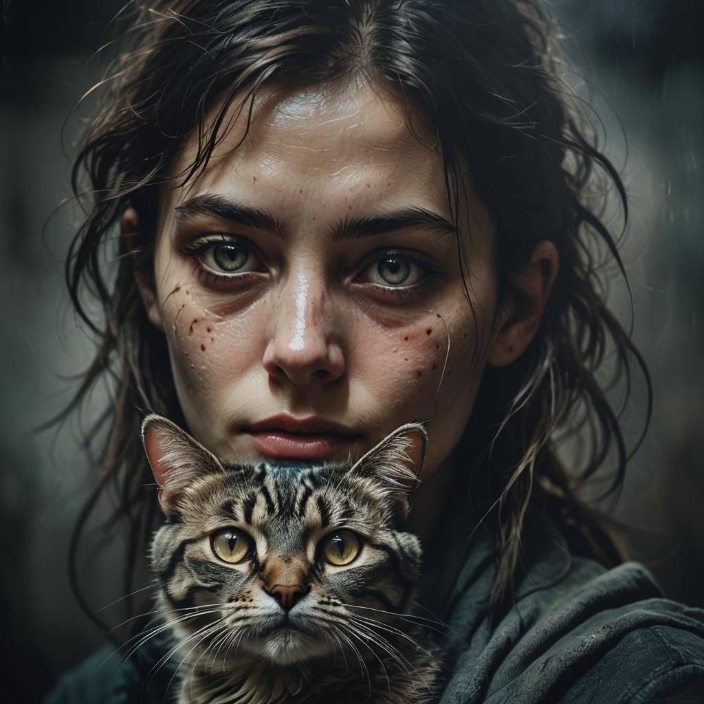 Feline Woman Portrait in Dimly Lit Room