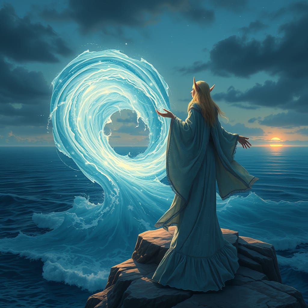 Sorceress of the Shimmering Tides in Whimsical Fantasy Style