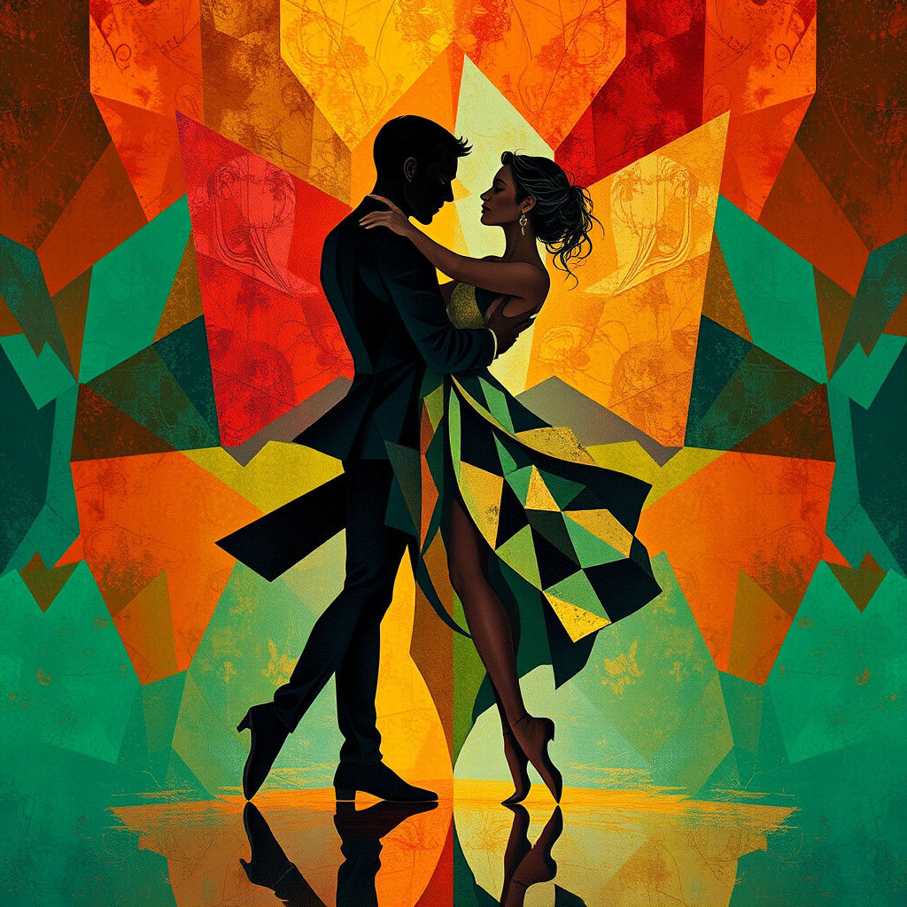 Cubist Symmetrical Dance Duet in Rich Colors