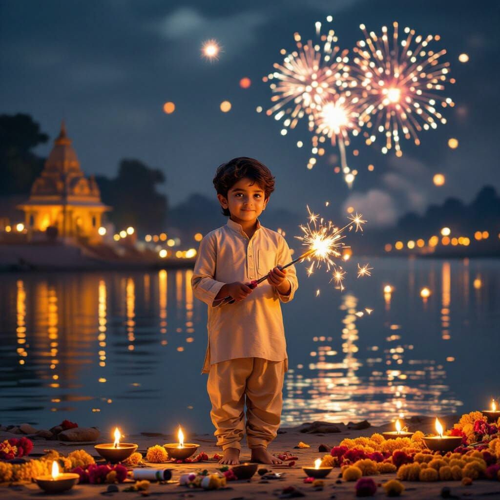 Boy at Riverside Diwali Night with Fireworks