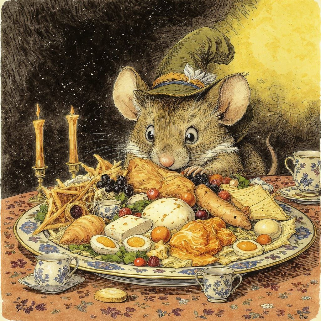 Mouse Peeks at Feast in Whimsical Style