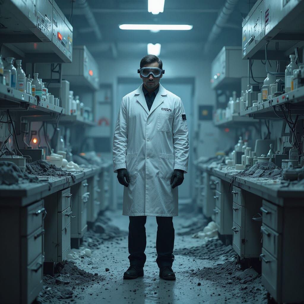 Lone Scientist Amidst Lab Ruins in Retro-Futuristic Style