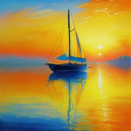 Blue Sailboat Impasto Painting in Golden Light