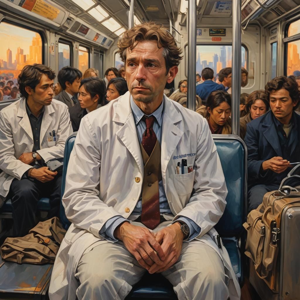 Scientist on BART to San Francisco as Oil Painting
