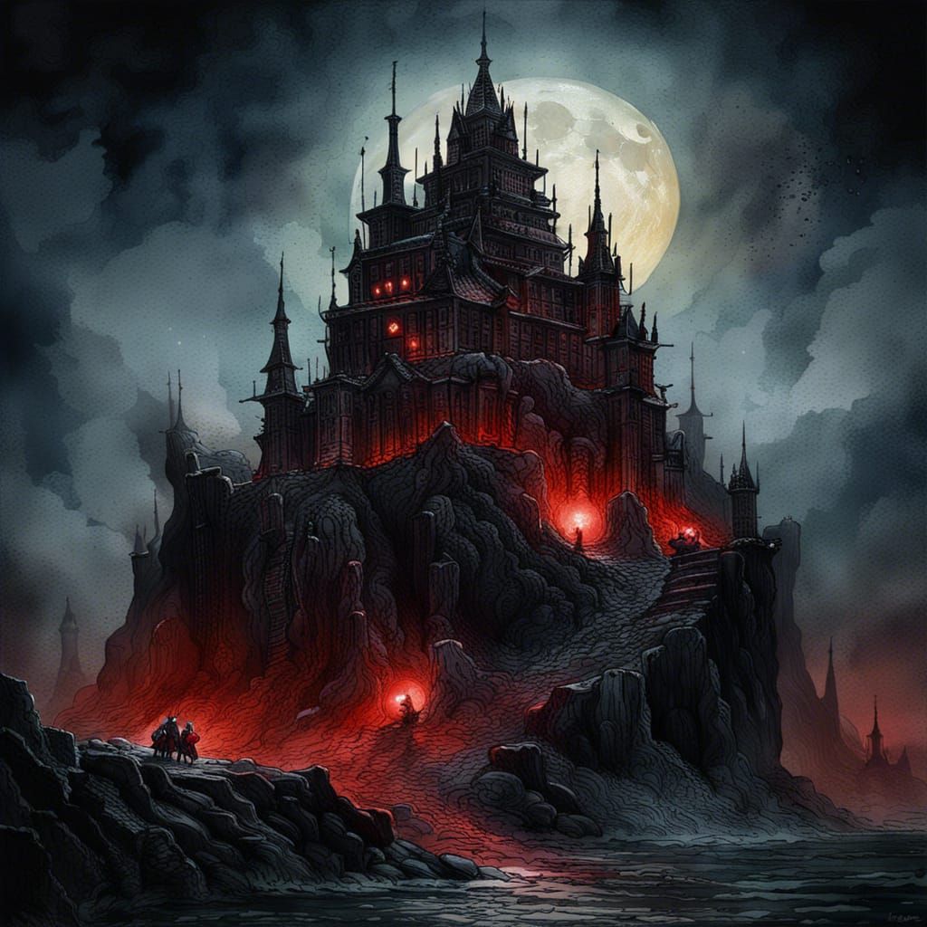 Sinister Obsidian Castle Under the Moon in Watercolor