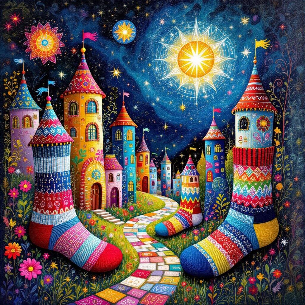 Whimsical Sock Village in Mystical Style