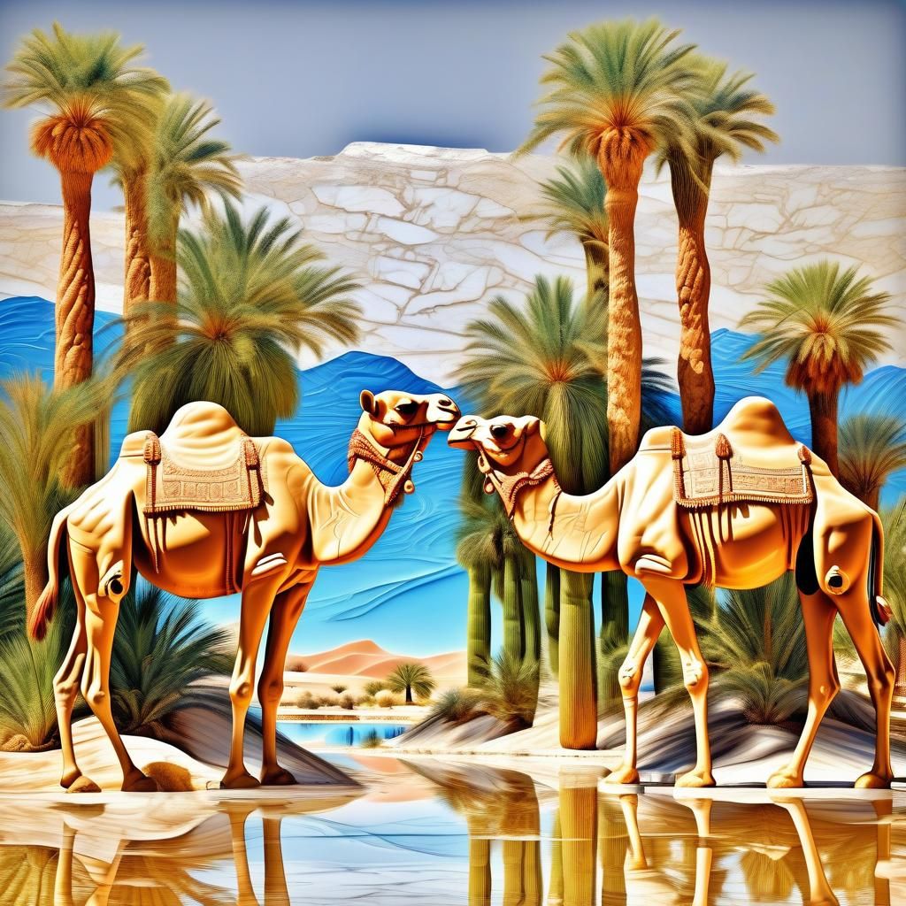 Desert Oasis with Camels in Art Deco Style