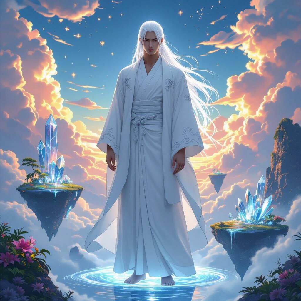 Mystical Figure on Floating Islands in Digital Art Style