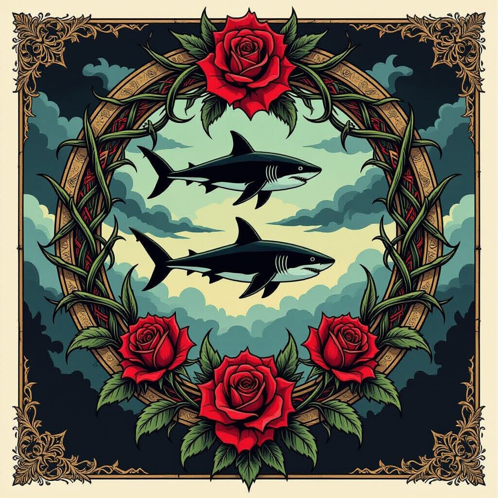 Gothic Family Crest with Shark and Roses