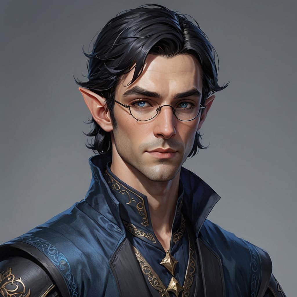 Handsome Half-Elf Bard with Raven Hair, Digital Art